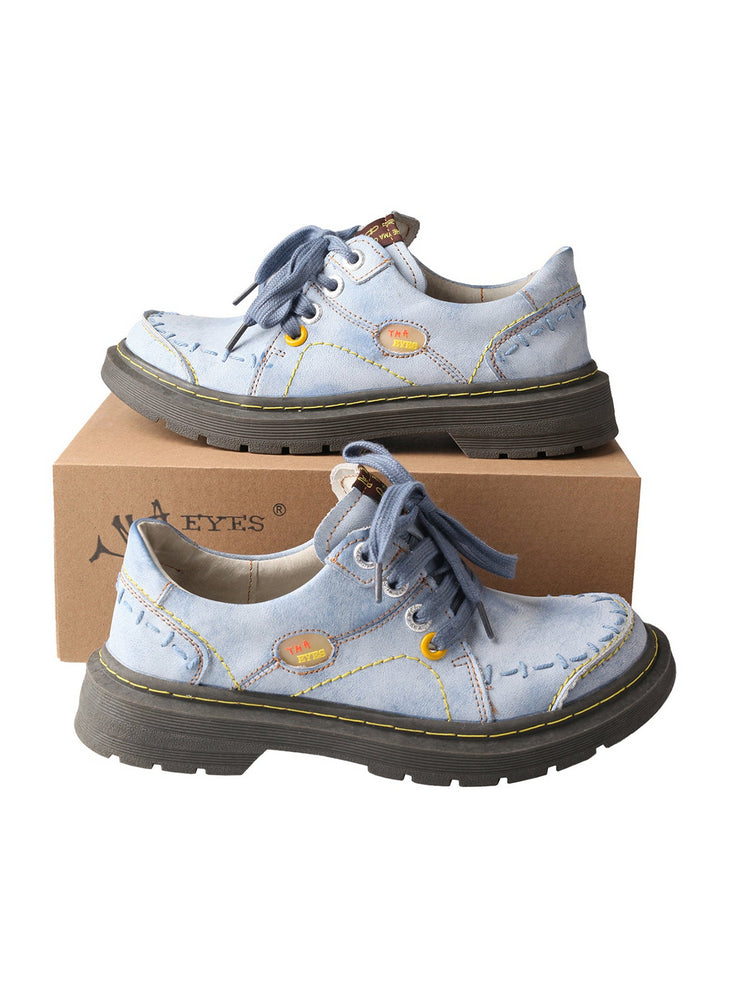 TMA EYES Blue Flat Shoes | Retro Lace-Up Anti-Slip Comfort Walking Women's