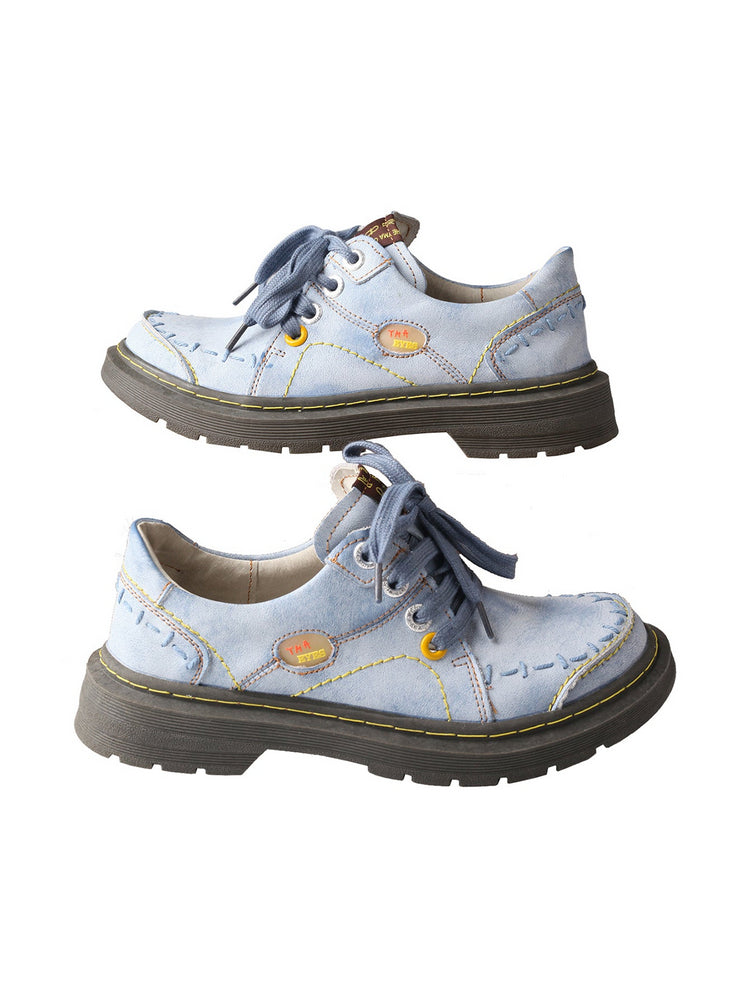 TMA EYES Blue Flat Shoes | Retro Lace-Up Anti-Slip Comfort Walking Women's