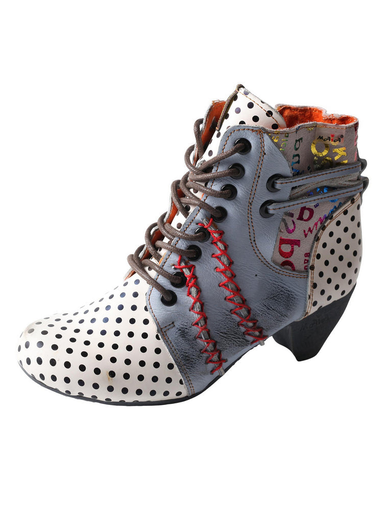 TMA EYES Polka Dot Leather Boots  Moccasin Hand Stitched Women's Casual