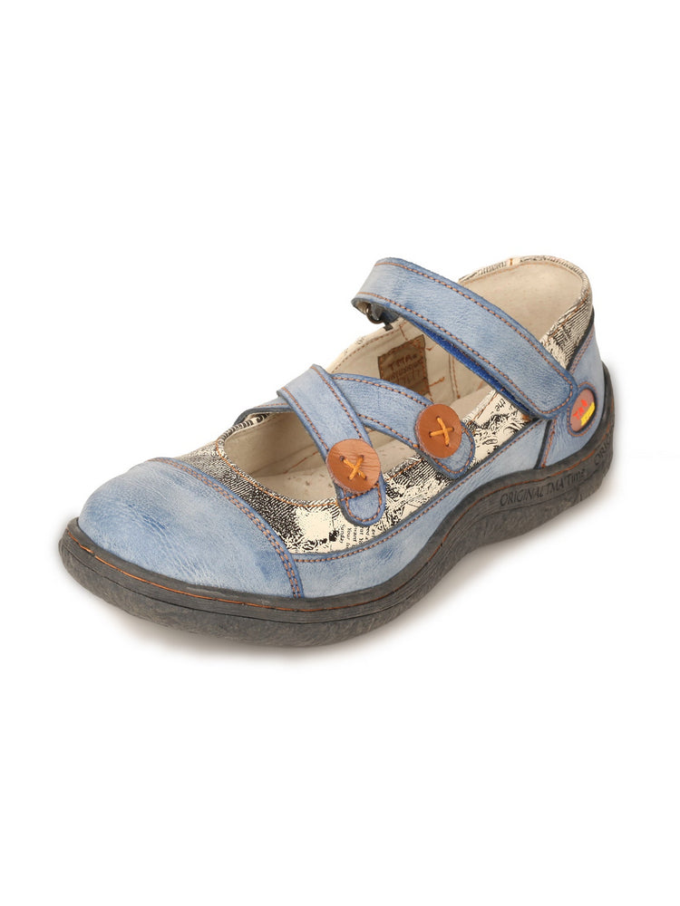 TMA EYES Leather Flat Shoes  Women's Button Criss-Cross Strap Casual