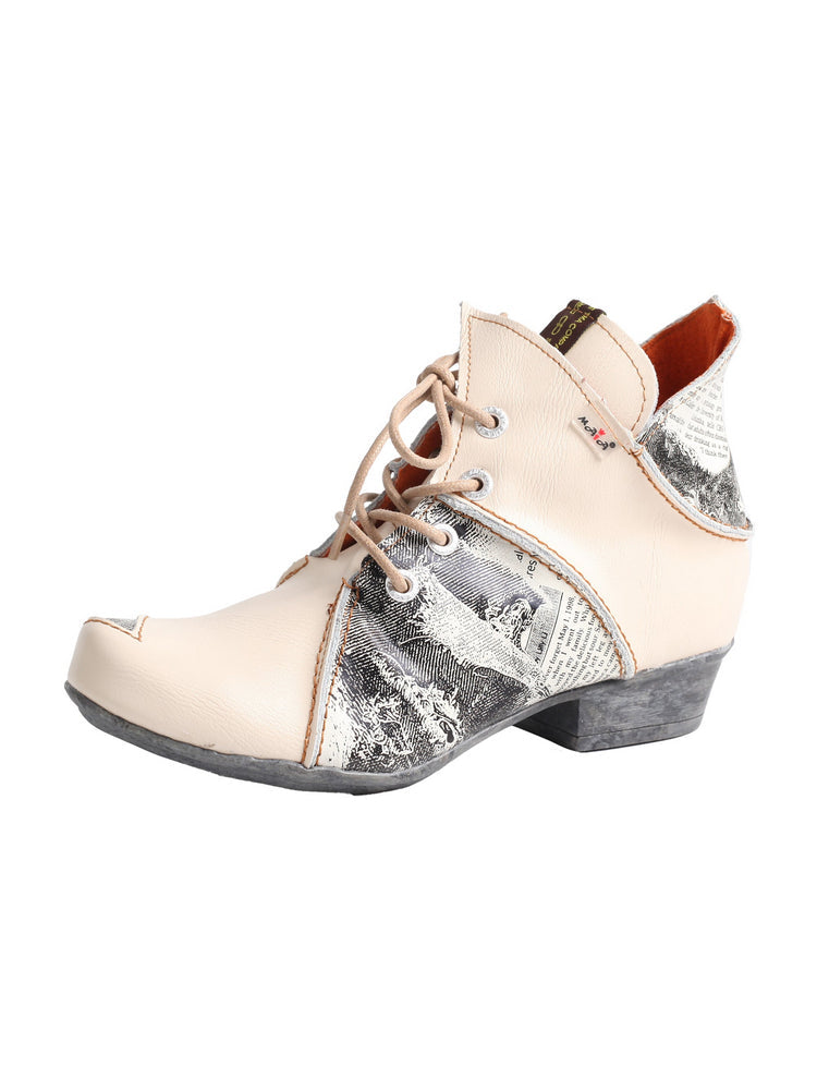 TMA EYES Newspaper Print Ankle Boots  Leather Lace-Up Women's Short Boot