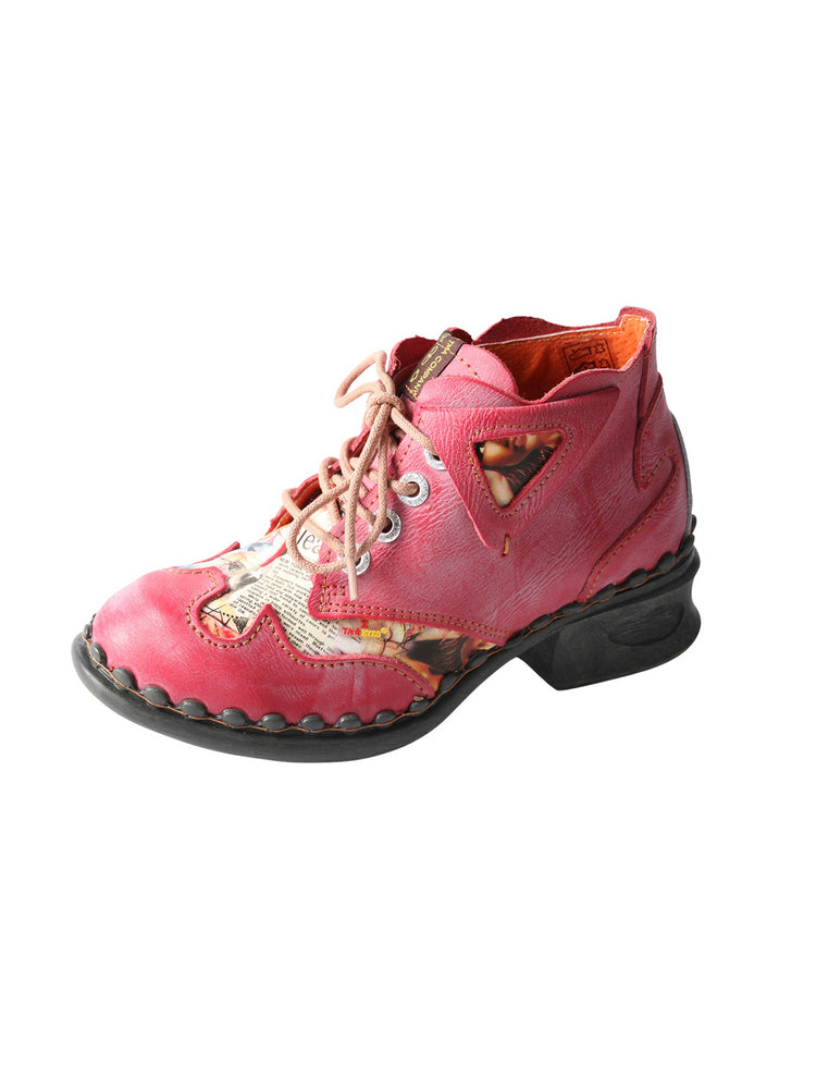 TMA EYES Floral Print Ankle Boots  Medium Heel Leather Outdoor Women's Shoe