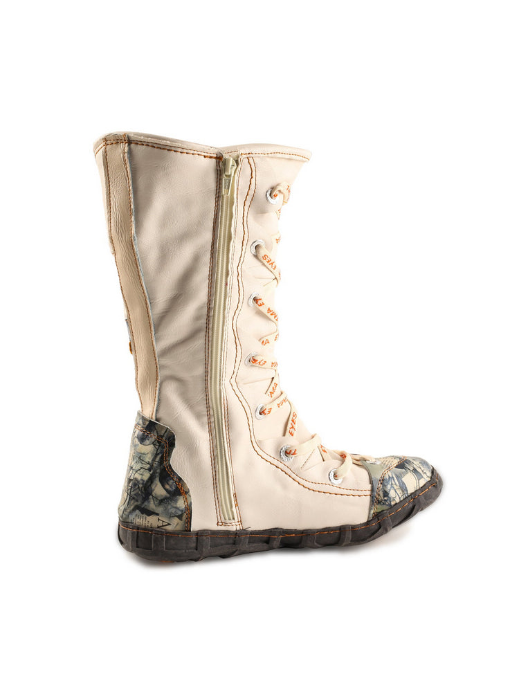 TMA EYES Long Contrast-Stitch Boots  Lace-Up Side Zipper Women's Washed