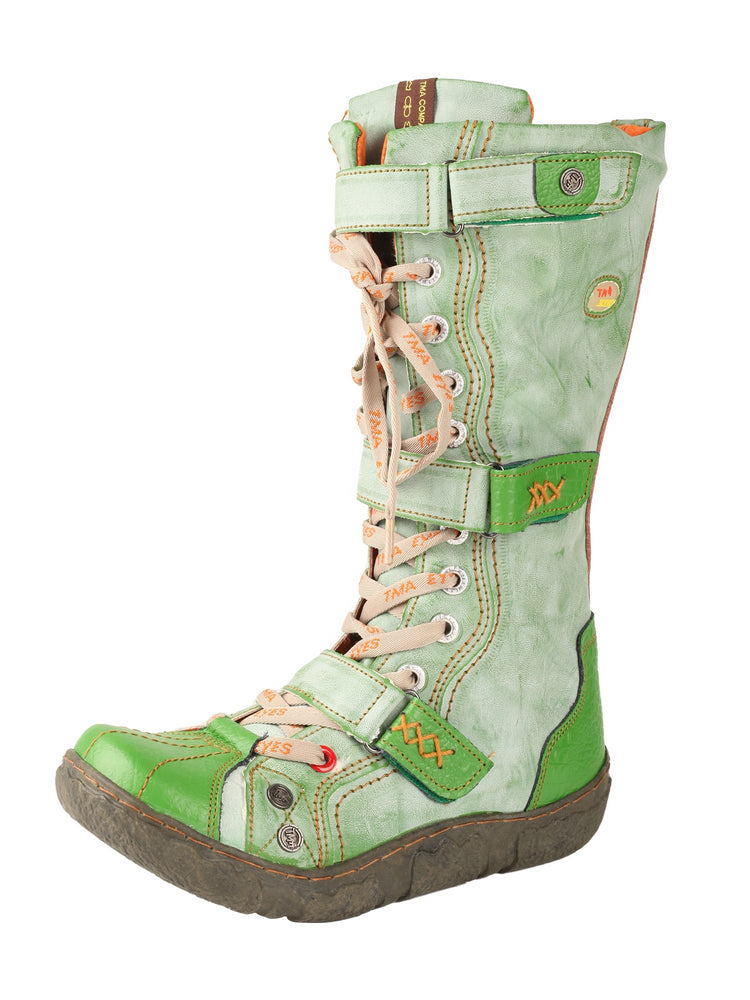 TMA EYES Winter Washed PU Leather Flat Boots Strap-Accent Plus Size