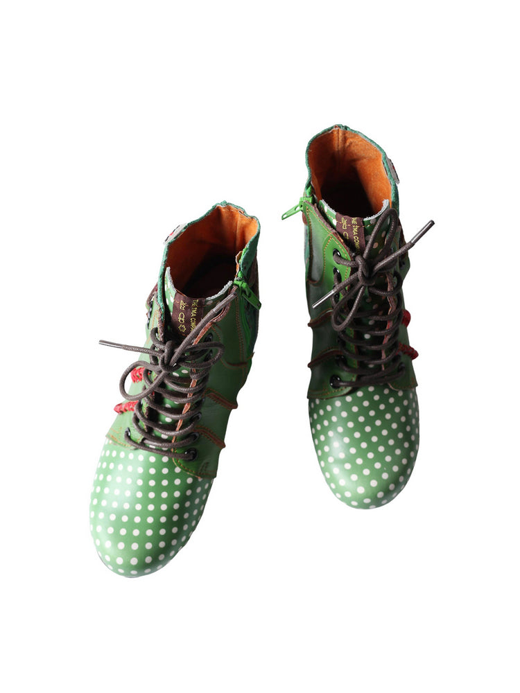 TMA EYES Polka Dot Leather Boots  Moccasin Hand Stitched Women's Casual