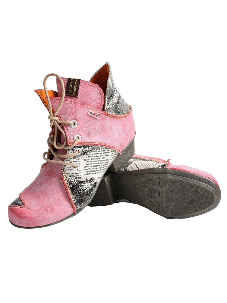 TMA EYES Newspaper Print Ankle Boots  Leather Lace-Up Women's Short Boot