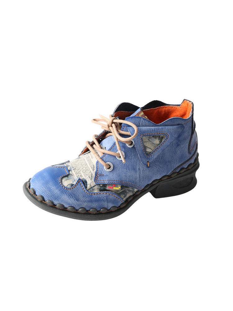 TMA EYES Floral Print Ankle Boots  Medium Heel Leather Outdoor Women's Shoe