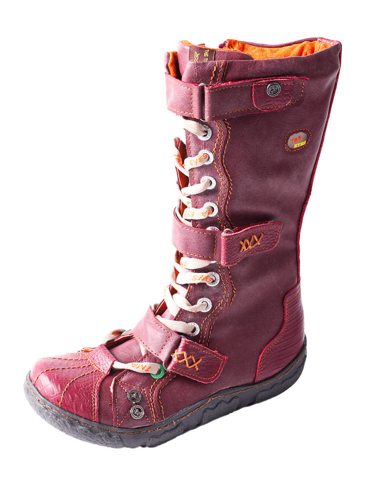 TMA EYES Winter Washed PU Leather Flat Boots Strap-Accent Plus Size