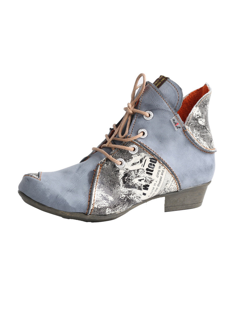 TMA EYES Newspaper Print Ankle Boots  Leather Lace-Up Women's Short Boot