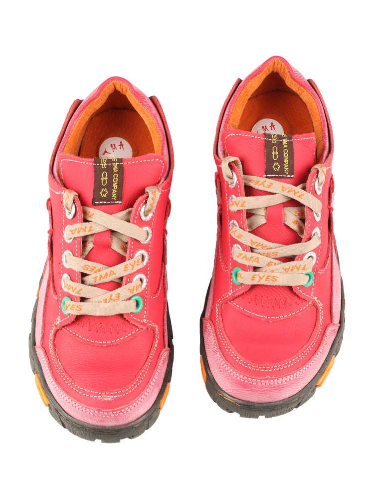 TMA EYES Women's Leather Patchwork Casual Shoes   Lace-up Fashion Sneaker