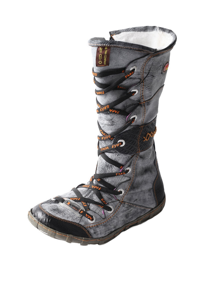 TMA EYES Long Contrast-Stitch Boots  Lace-Up Side Zipper Women's Washed