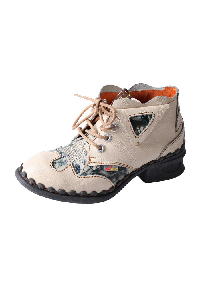 TMA EYES Floral Print Ankle Boots  Medium Heel Leather Outdoor Women's Shoe