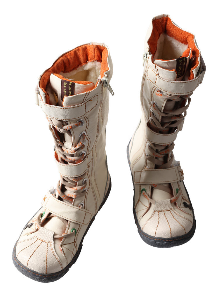 TMA EYES Winter Washed PU Leather Flat Boots Strap-Accent Plus Size