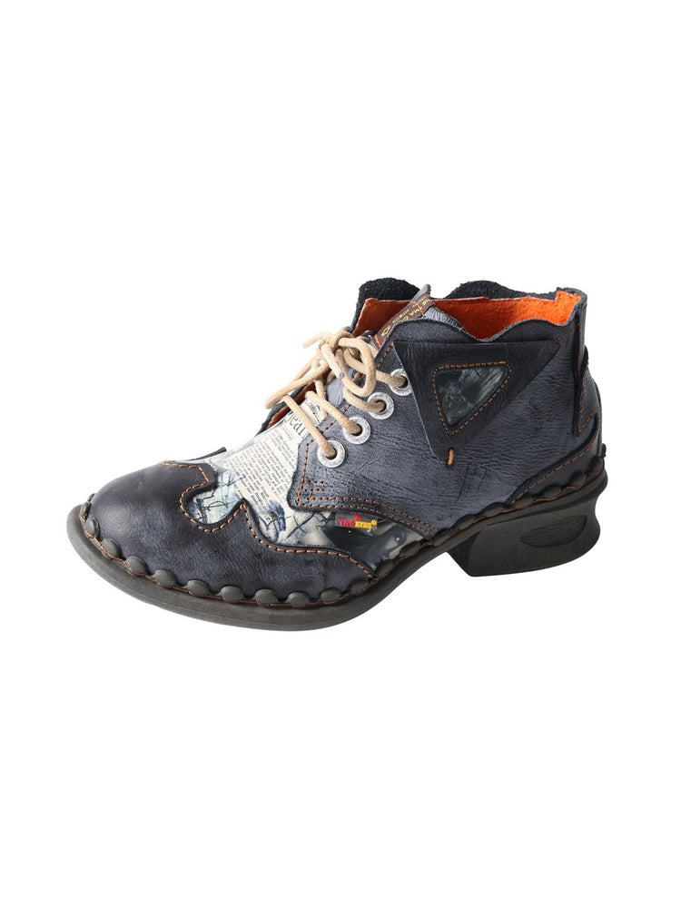 TMA EYES Floral Print Ankle Boots  Medium Heel Leather Outdoor Women's Shoe