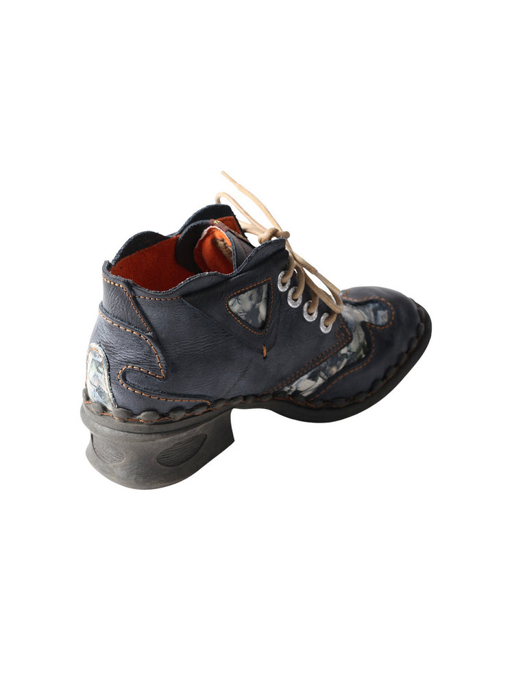 TMA EYES Floral Print Ankle Boots  Medium Heel Leather Outdoor Women's Shoe