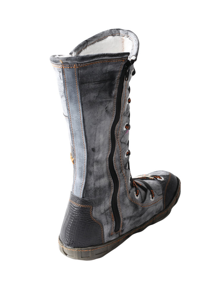 TMA EYES Long Contrast-Stitch Boots  Lace-Up Side Zipper Women's Washed