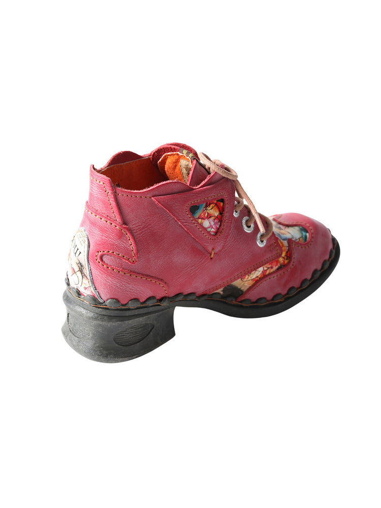 TMA EYES Floral Print Ankle Boots  Medium Heel Leather Outdoor Women's Shoe