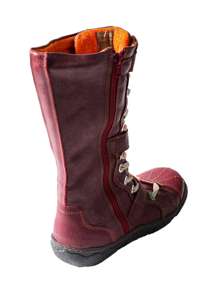 TMA EYES Winter Washed PU Leather Flat Boots Strap-Accent Plus Size