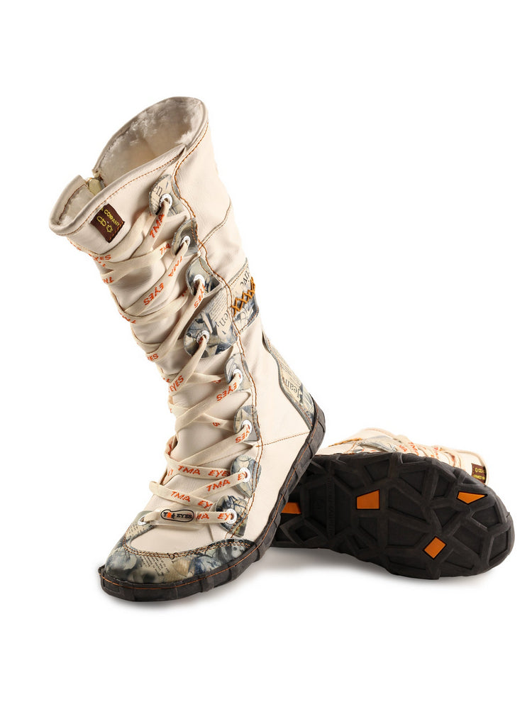 TMA EYES Long Contrast-Stitch Boots  Lace-Up Side Zipper Women's Washed