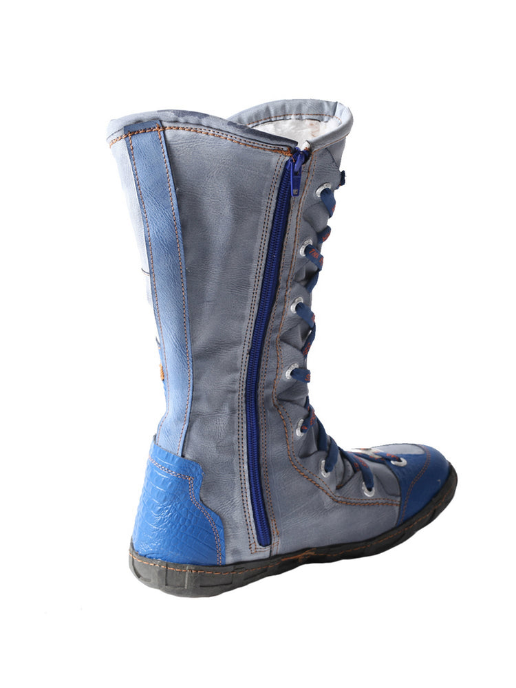 TMA EYES Long Contrast-Stitch Boots  Lace-Up Side Zipper Women's Washed