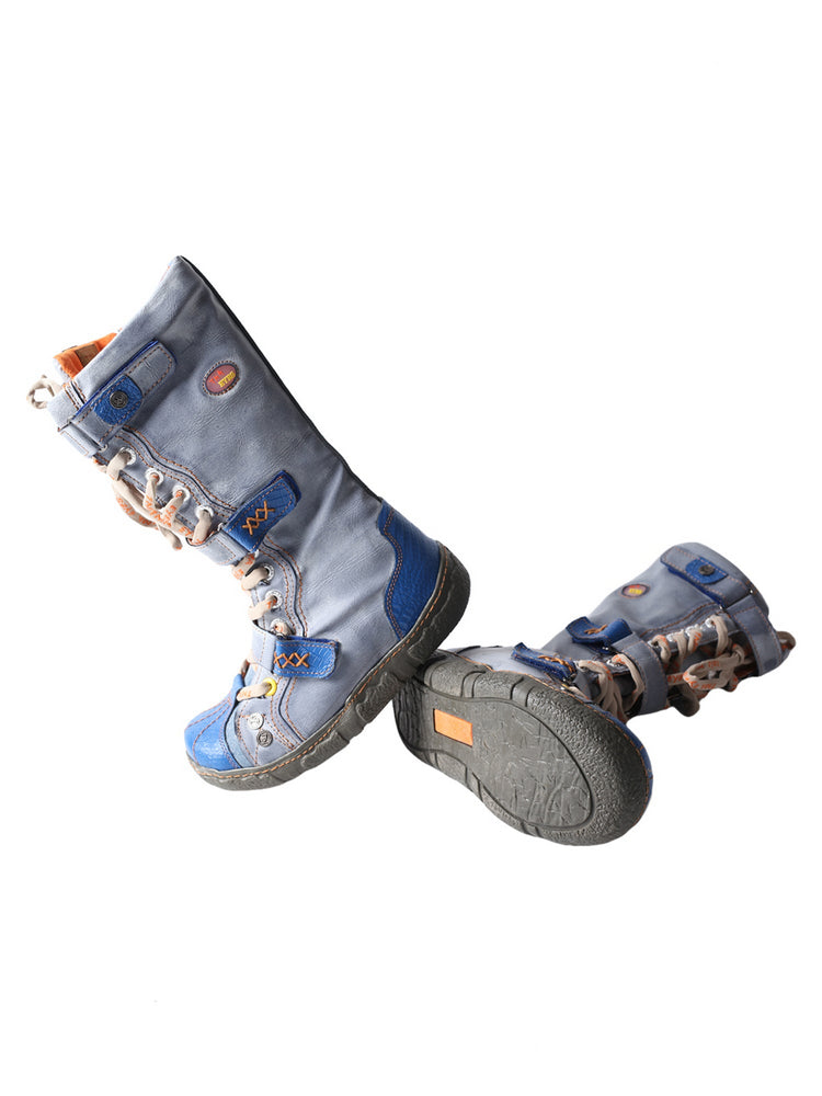 TMA EYES Winter Washed PU Leather Flat Boots Strap-Accent Plus Size