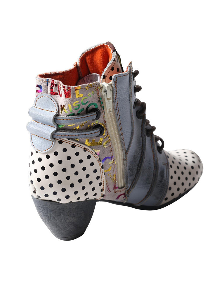 TMA EYES Polka Dot Leather Boots  Moccasin Hand Stitched Women's Casual