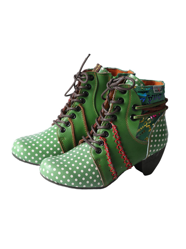 TMA EYES Polka Dot Leather Boots  Moccasin Hand Stitched Women's Casual