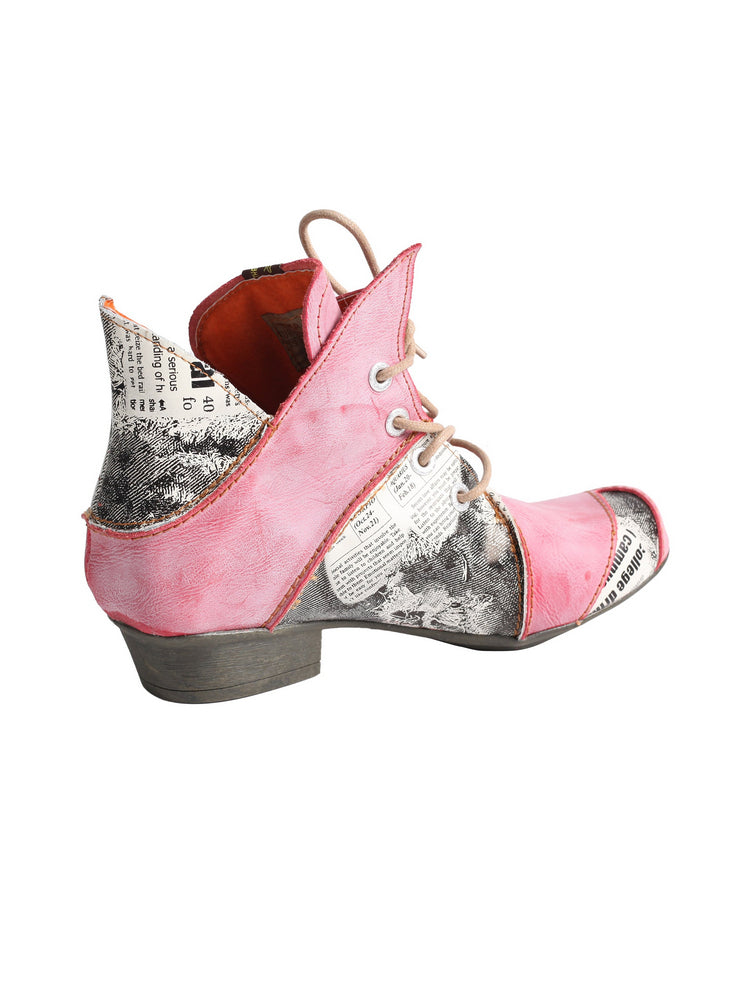TMA EYES Newspaper Print Ankle Boots  Leather Lace-Up Women's Short Boot