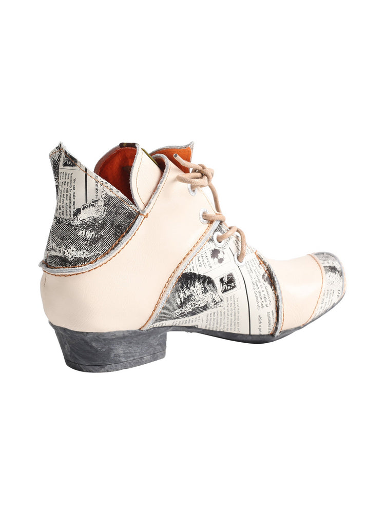 TMA EYES Newspaper Print Ankle Boots  Leather Lace-Up Women's Short Boot