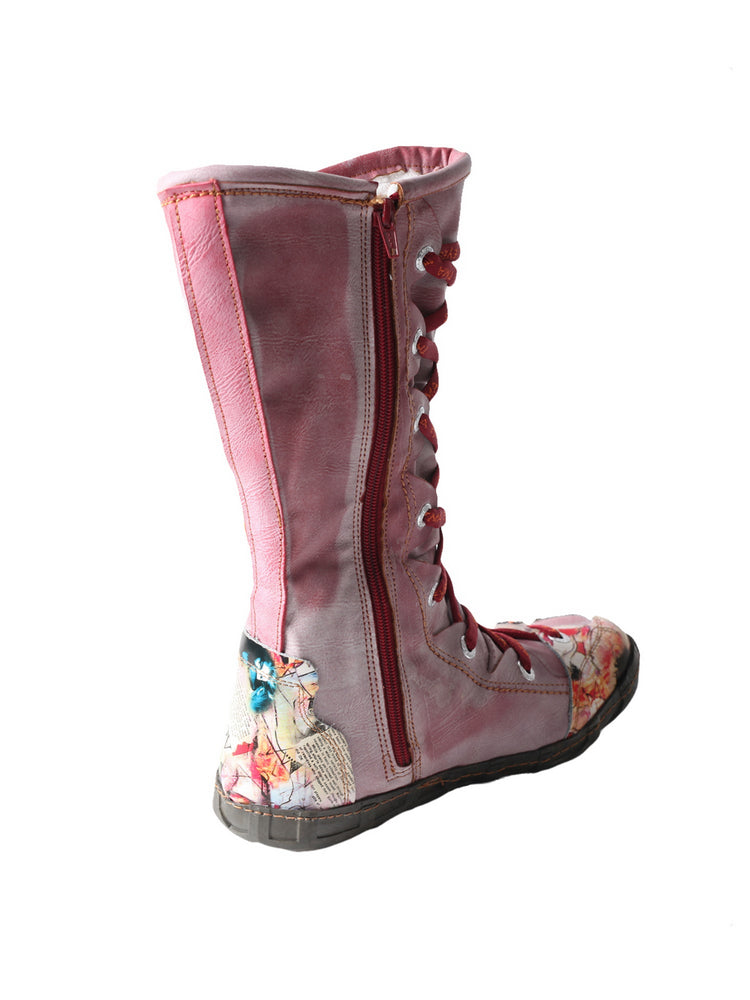 TMA EYES Long Contrast-Stitch Boots  Lace-Up Side Zipper Women's Washed