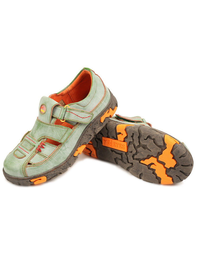 TMA EYES Hand Stitched Leather Casual Shoes  Hollow Breathable Hook & Loop