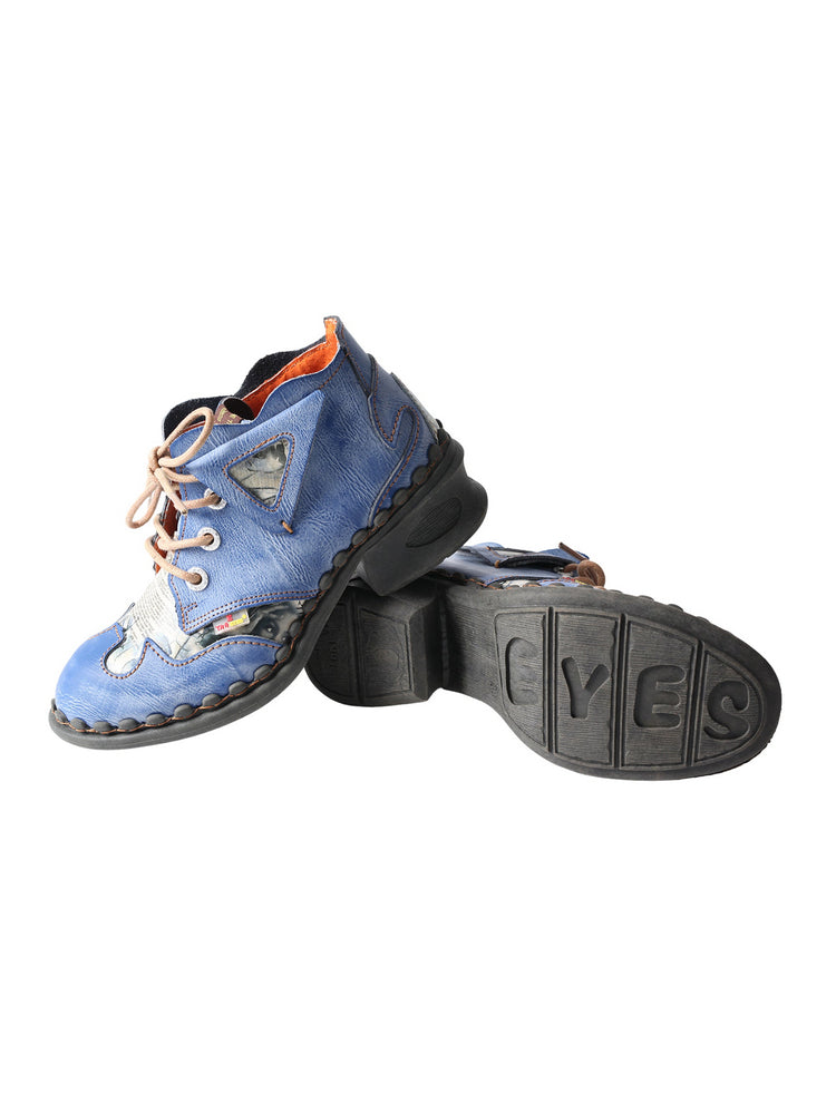 TMA EYES Floral Print Ankle Boots  Medium Heel Leather Outdoor Women's Shoe