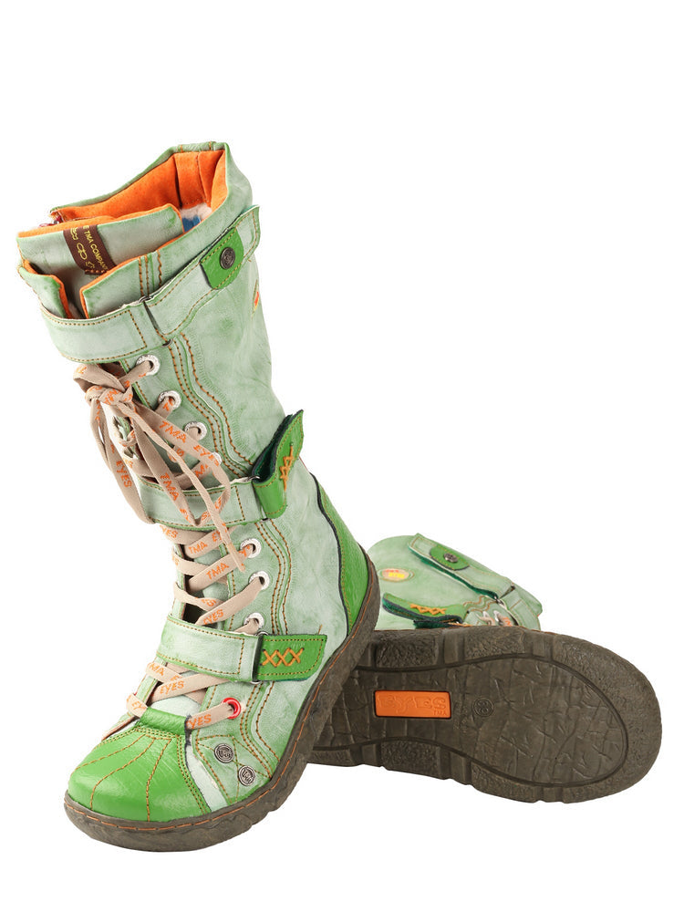 TMA EYES Winter Washed PU Leather Flat Boots Strap-Accent Plus Size