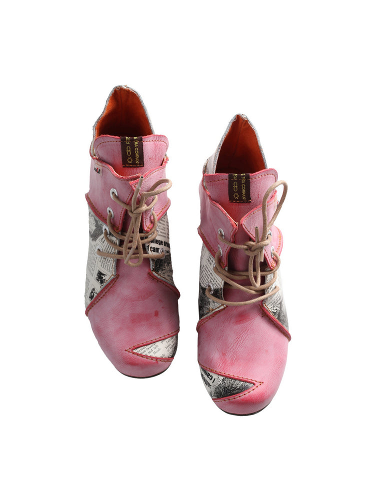 TMA EYES Newspaper Print Ankle Boots  Leather Lace-Up Women's Short Boot