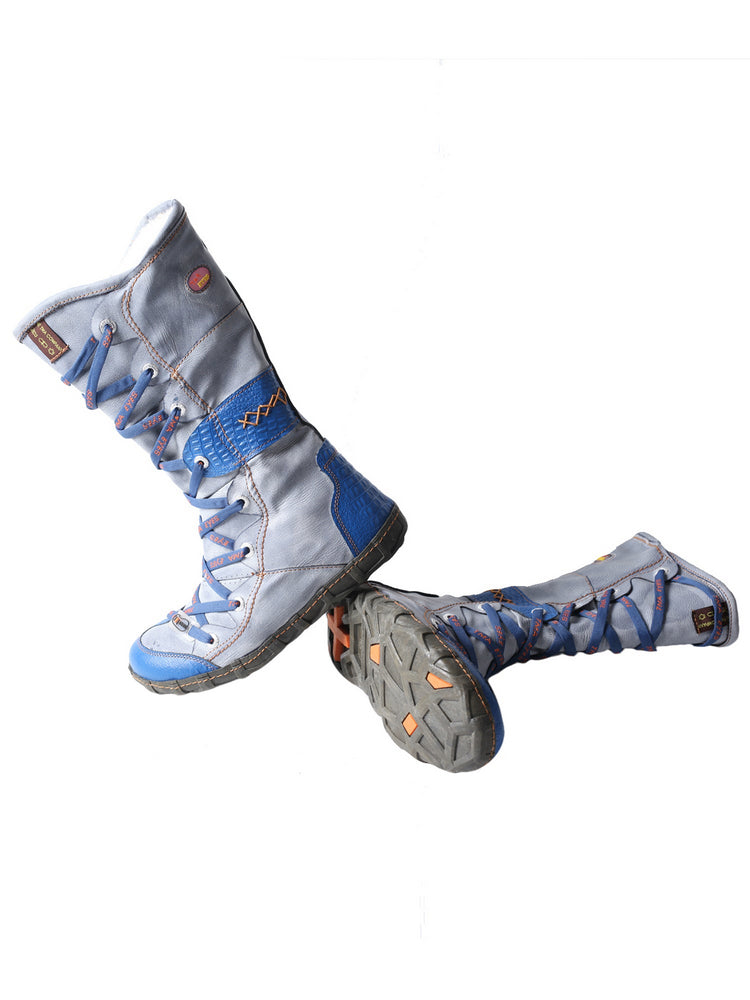 TMA EYES Long Contrast-Stitch Boots  Lace-Up Side Zipper Women's Washed