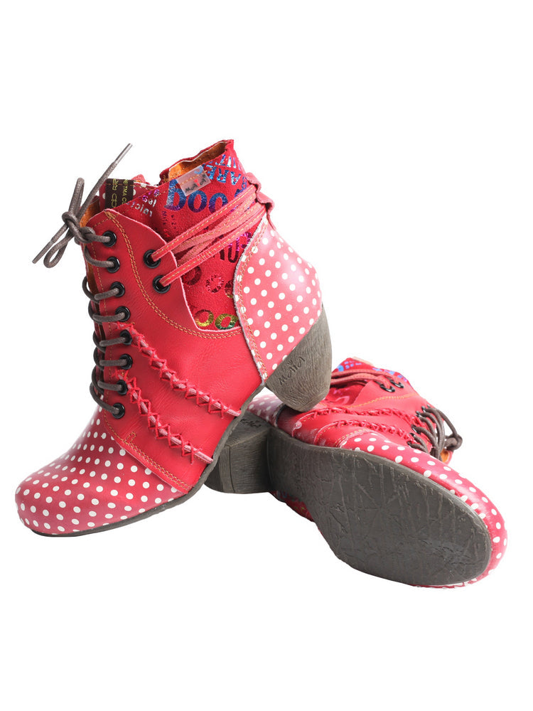 TMA EYES Polka Dot Leather Boots  Moccasin Hand Stitched Women's Casual