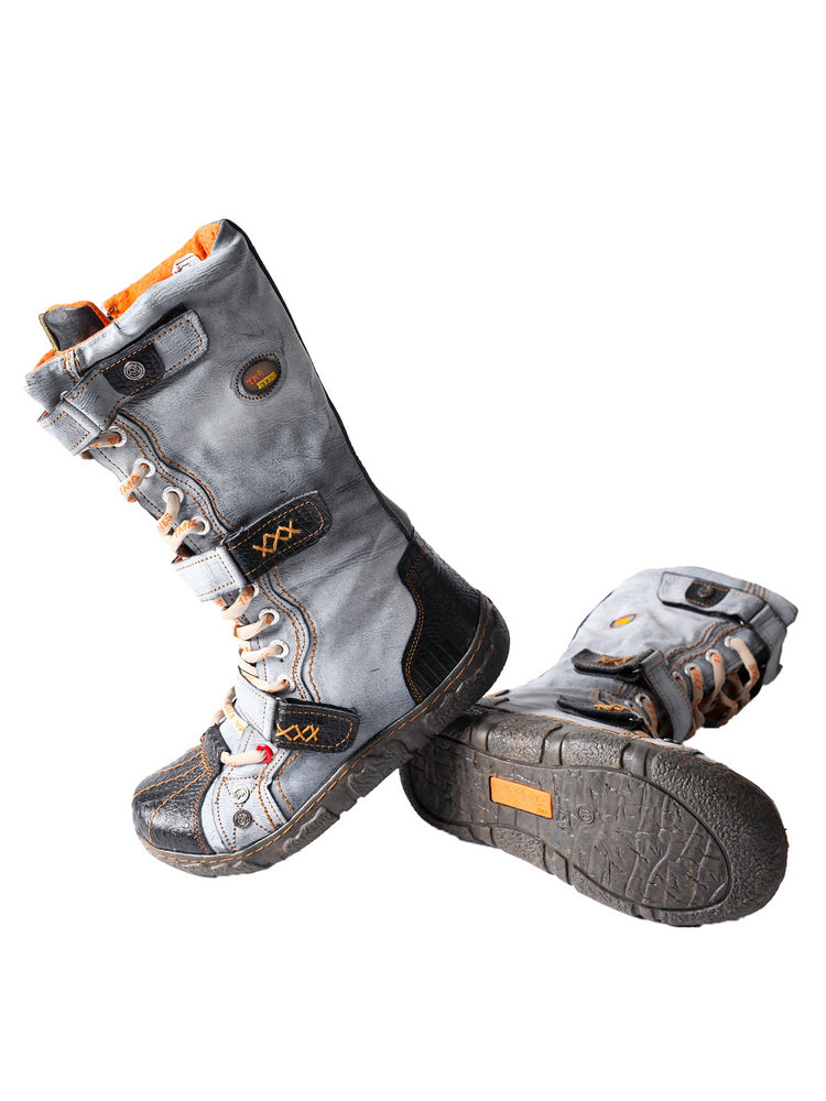 TMA EYES Winter Washed PU Leather Flat Boots Strap-Accent Plus Size