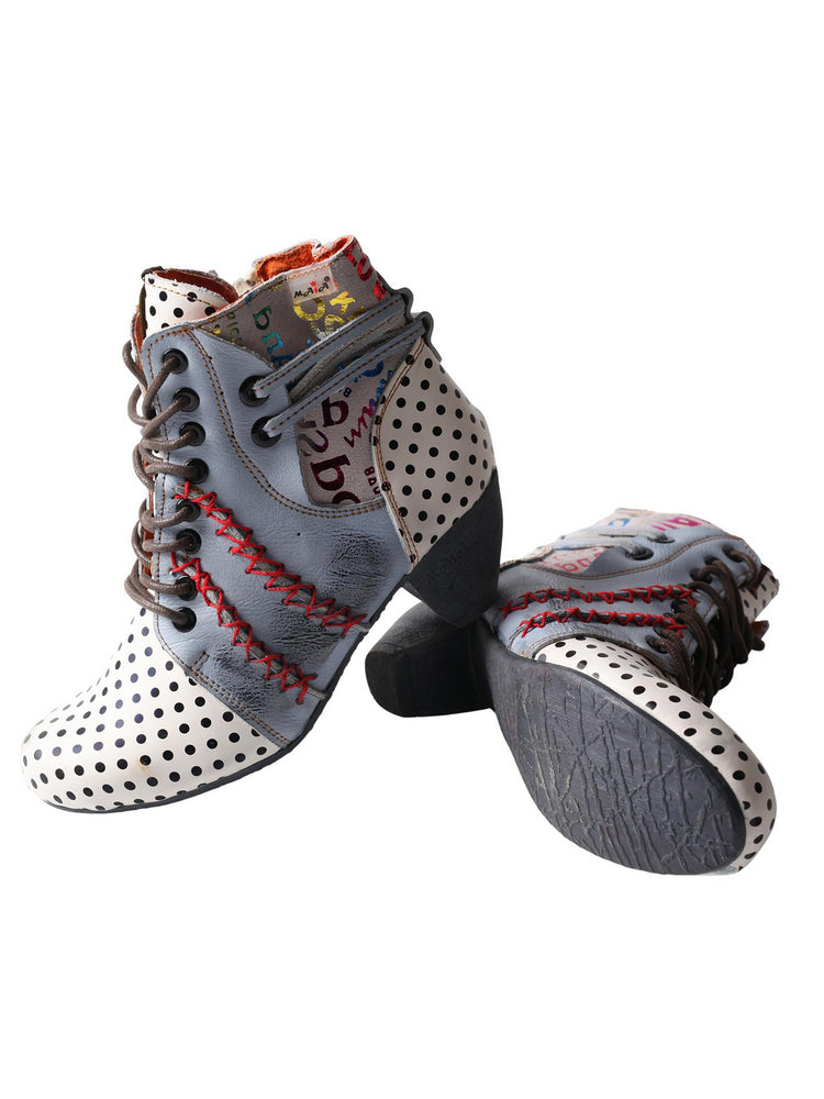 TMA EYES Polka Dot Leather Boots  Moccasin Hand Stitched Women's Casual