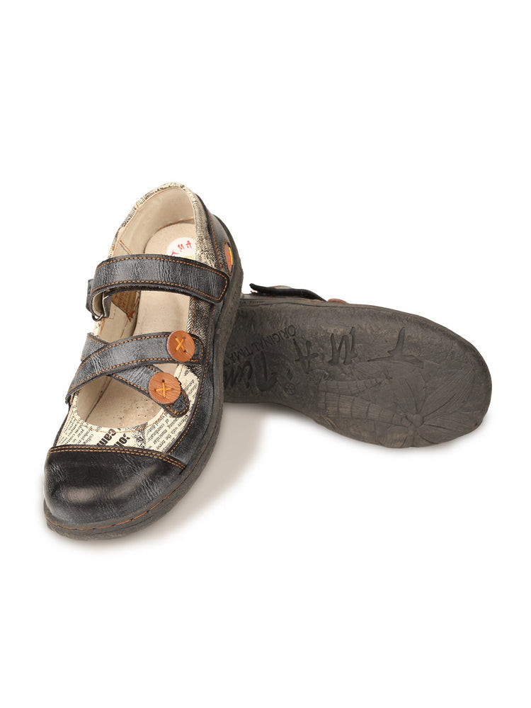 TMA EYES Leather Flat Shoes  Women's Button Criss-Cross Strap Casual