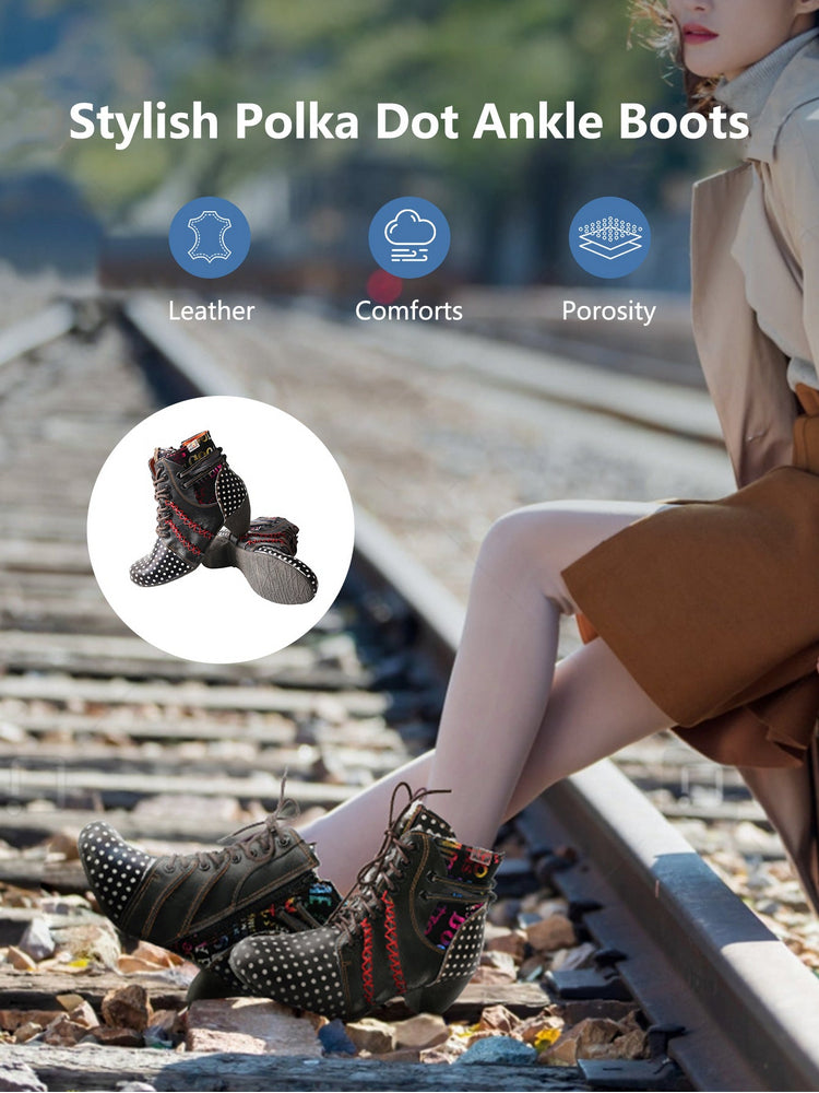 TMA EYES Polka Dot Leather Boots  Moccasin Hand Stitched Women's Casual