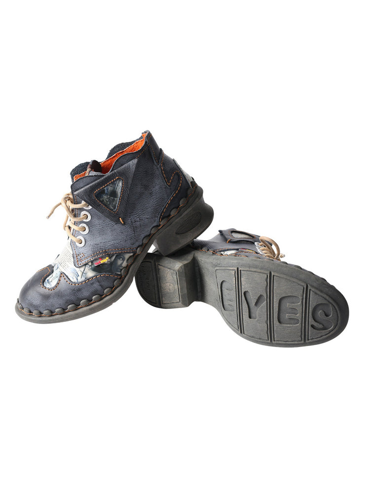 TMA EYES Floral Print Ankle Boots  Medium Heel Leather Outdoor Women's Shoe