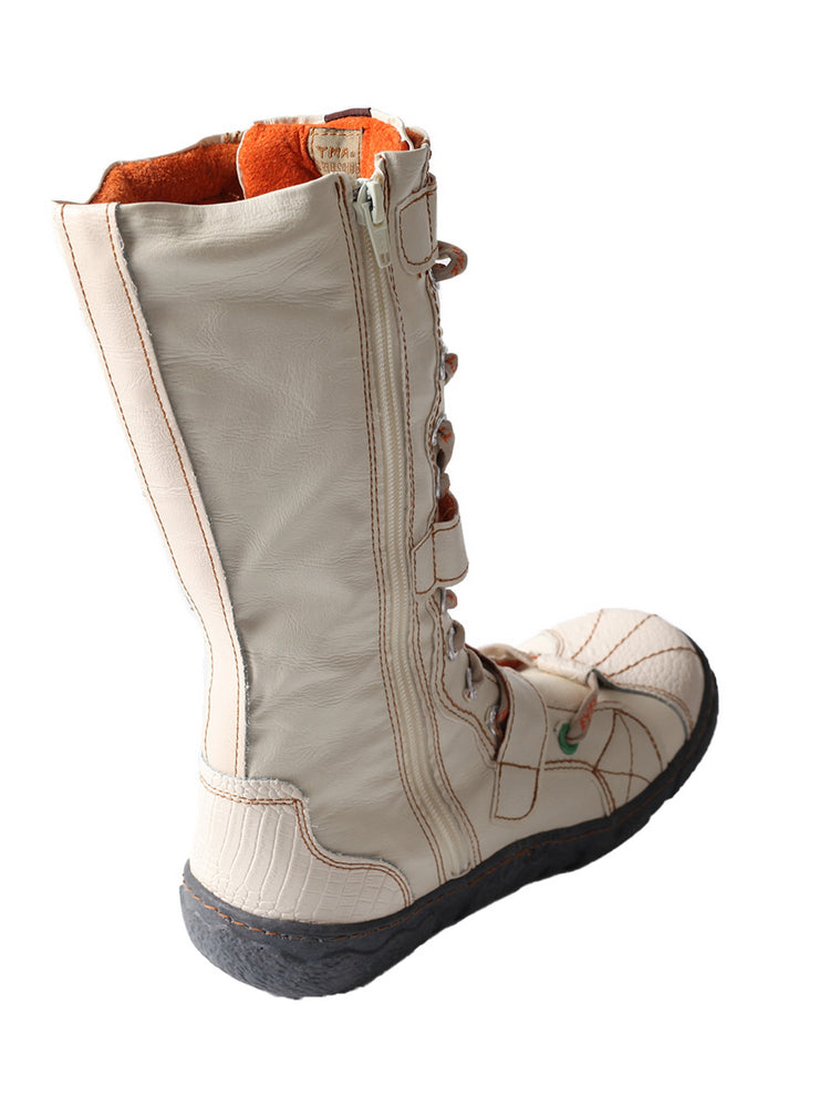 TMA EYES Winter Washed PU Leather Flat Boots Strap-Accent Plus Size