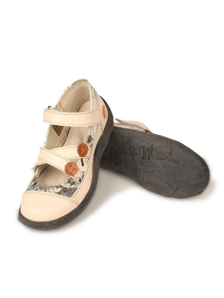 TMA EYES Leather Flat Shoes  Women's Button Criss-Cross Strap Casual