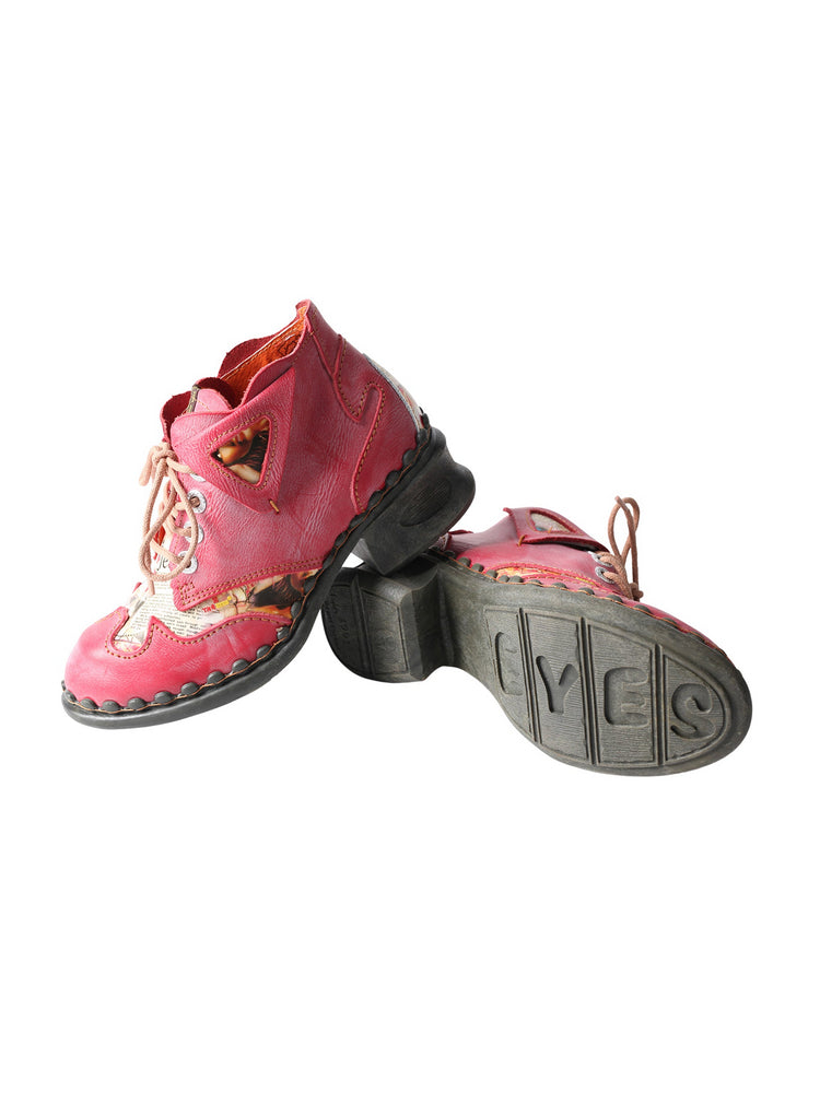 TMA EYES Floral Print Ankle Boots  Medium Heel Leather Outdoor Women's Shoe