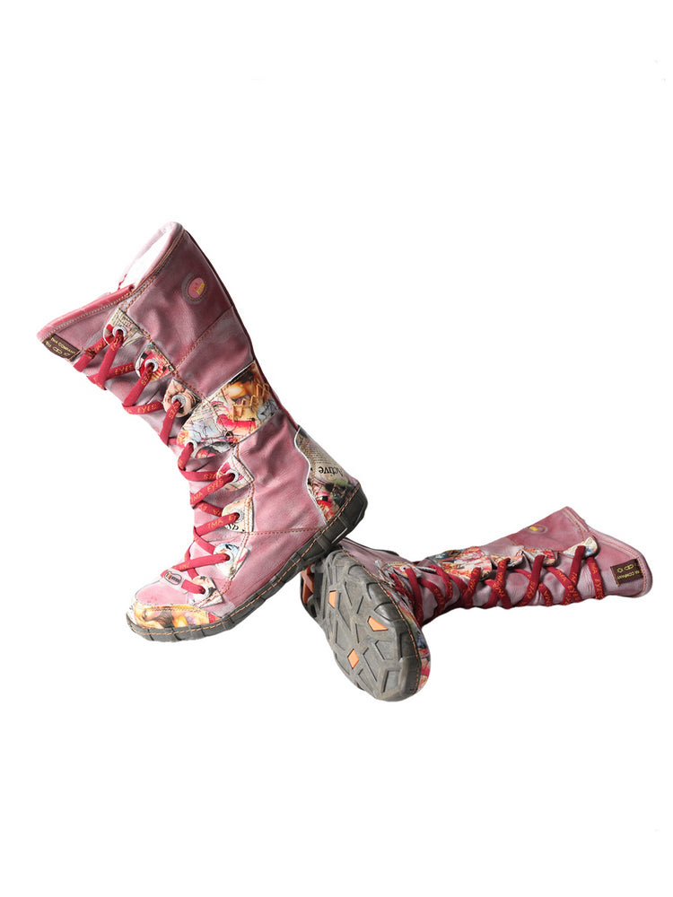 TMA EYES Long Contrast-Stitch Boots  Lace-Up Side Zipper Women's Washed