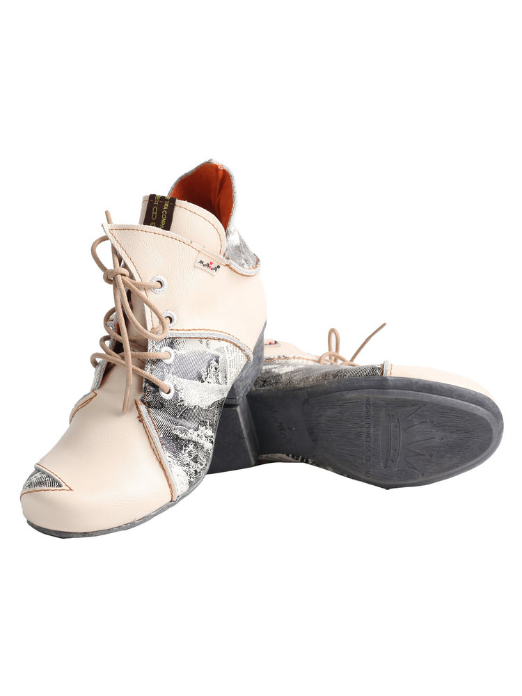 TMA EYES Newspaper Print Ankle Boots  Leather Lace-Up Women's Short Boot