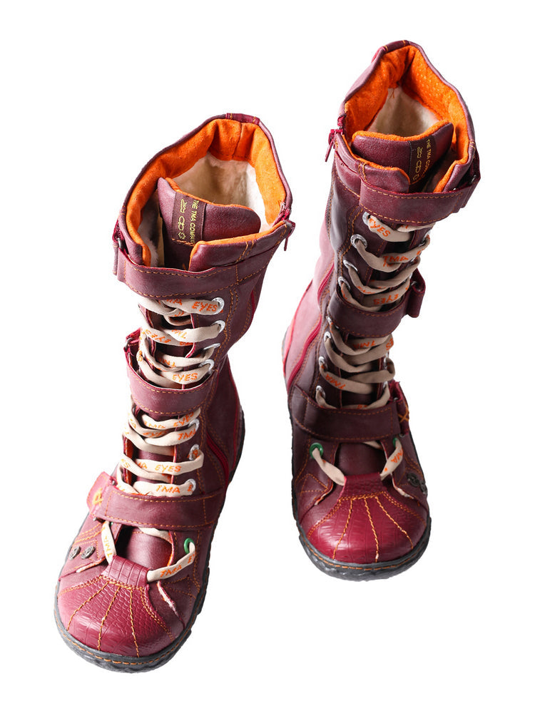 TMA EYES Winter Washed PU Leather Flat Boots Strap-Accent Plus Size