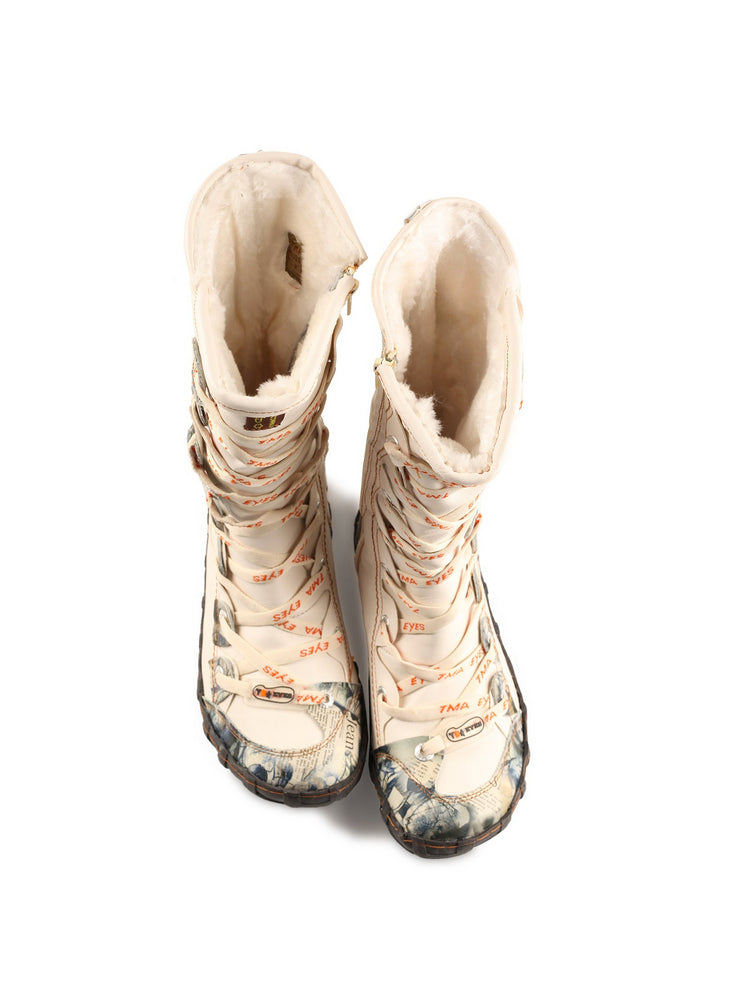 TMA EYES Long Contrast-Stitch Boots  Lace-Up Side Zipper Women's Washed