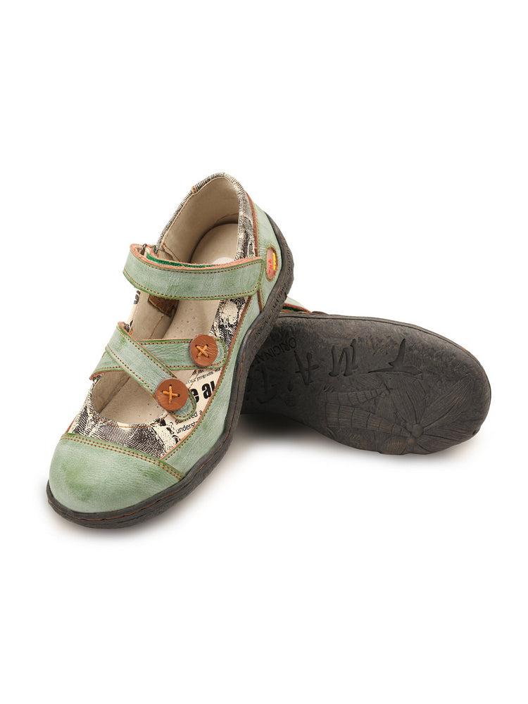 TMA EYES Leather Flat Shoes  Women's Button Criss-Cross Strap Casual