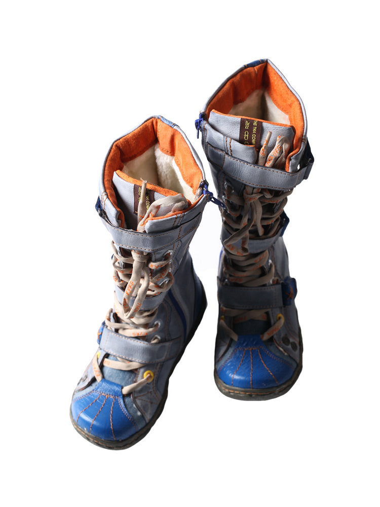 TMA EYES Winter Washed PU Leather Flat Boots Strap-Accent Plus Size